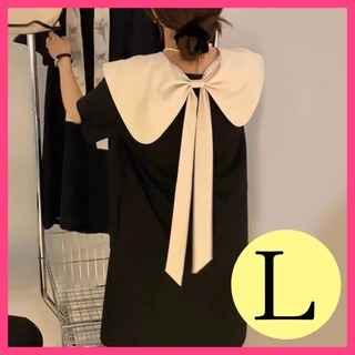 【期間限定価格】ワンピース　ドレス　黒　半袖　リボン　襟　パーティー　韓国(ミニワンピース)