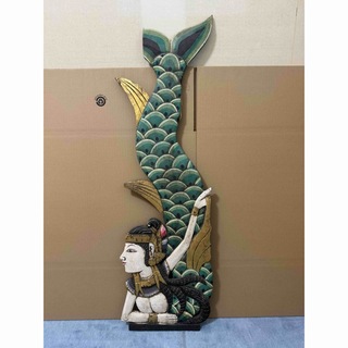 【アジアン雑貨】木彫り人魚 壁掛け 立て掛け ディスプレイ マーメイド 美人(彫刻/オブジェ)