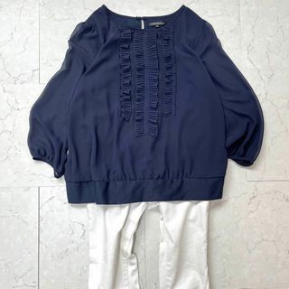 23区 - 大きいサイズ44 2XL 極美品 23区 プリーツ シアー袖 ブラウス ネイビー