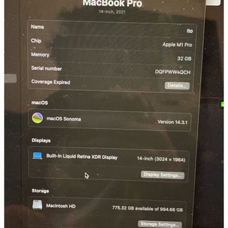 Mac book pro 2021/ メモリ32G/ SSD 1TB/