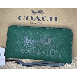 コーチ(COACH)の【新品未使用】　COACH 　 長財布　レザー ロングジップ　緑　グリーン　馬車(財布)