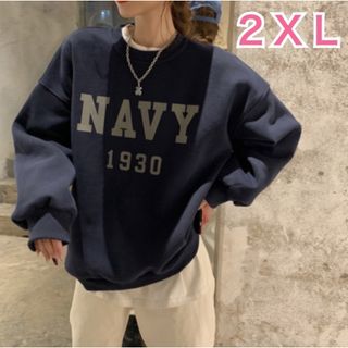 【即日発送】ロゴスウェット ネイビー 2XL ゆったり 男女兼用 トップス 韓国(Tシャツ(長袖/七分))