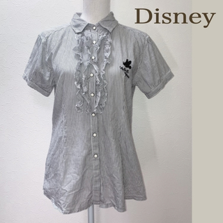 【美品 XL】Disney ミニー刺繍ストライプ柄フリルブラウス