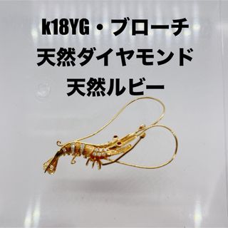 天然ダイヤモンド　k18製品ブローチ　天然ルビー　k18YG  えびモチーフ(ブローチ/コサージュ)