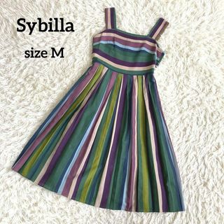 シビラ(Sybilla)のSybilla    シビラ　ワンピース　ノースリーブ　マルチカラー　麻入り　M(ひざ丈ワンピース)