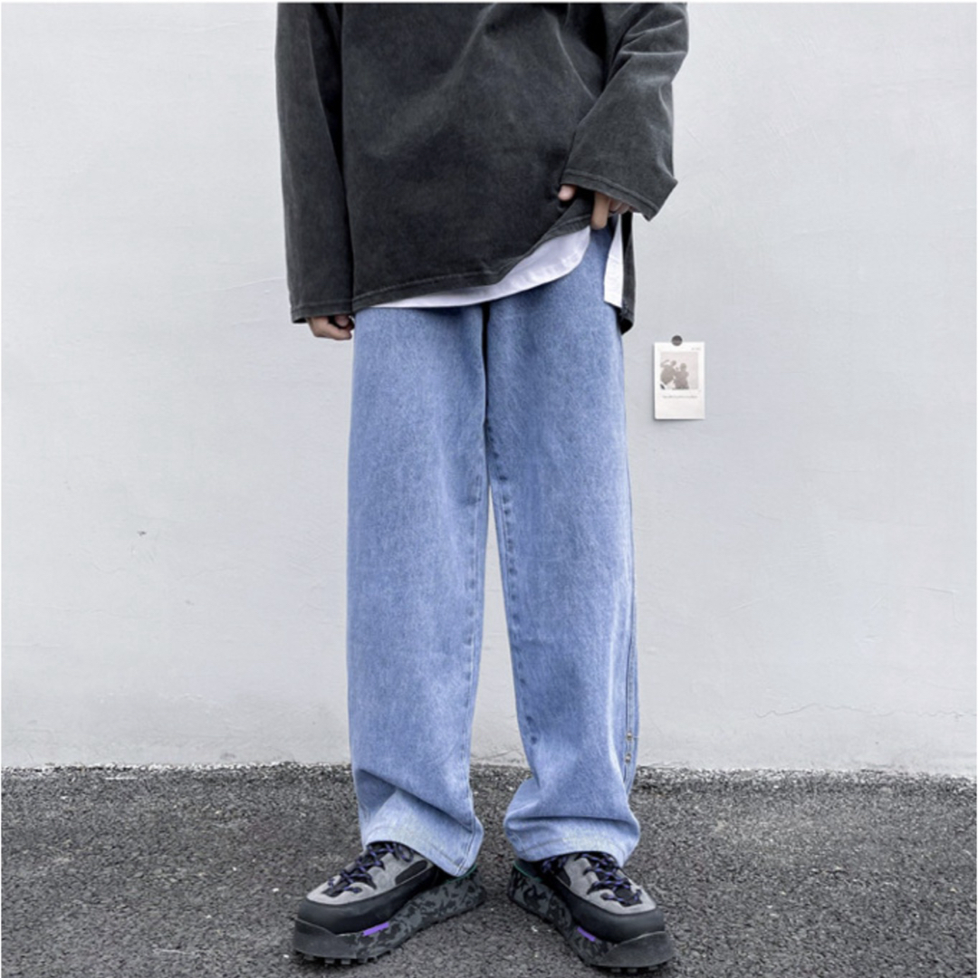 ストリート ワイド デニム パンツ ジーンズ ロールアップ ブルーL メンズのパンツ(デニム/ジーンズ)の商品写真