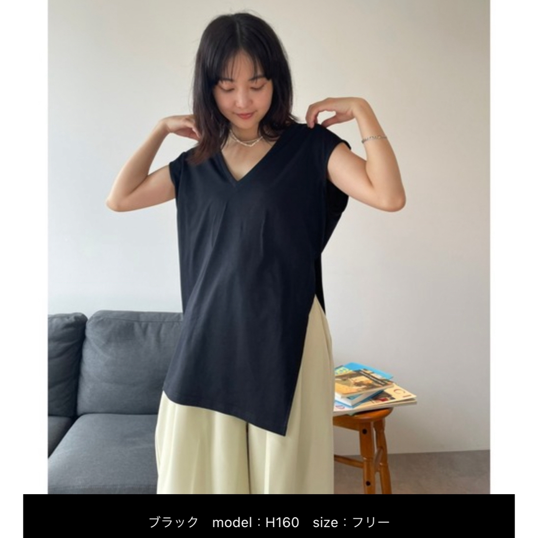 Aunt Marie's(アントマリーズ)の【新品★未使用】サイドスリットVネックノースリーブTシャツ　フレンチスリーブ　黒 レディースのトップス(Tシャツ(半袖/袖なし))の商品写真