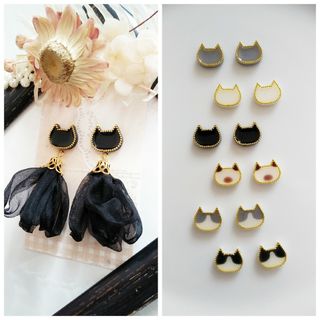 ふんわり揺れる 黒猫 シフォン リボン タッセル ピアス イヤリング(ピアス)