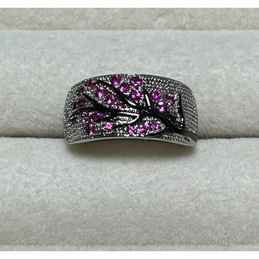 赤　シルバーリング　指輪　桜　レッドピンク　フラワー　ジュエリー　ギフト　ツリー レディースのアクセサリー(リング(指輪))の商品写真