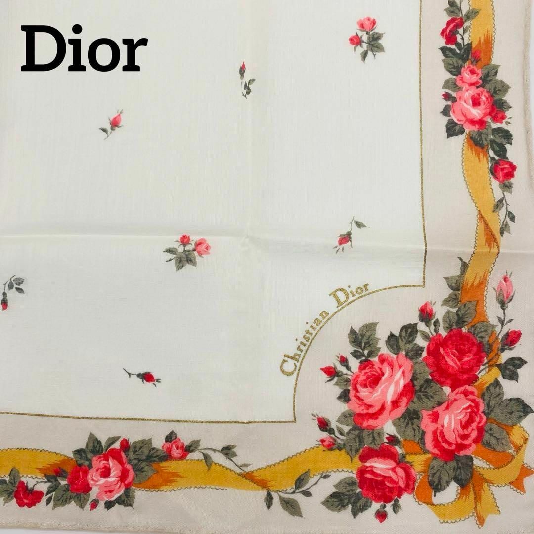 Christian Dior(クリスチャンディオール)の極美品 ★Dior★ ハンカチ 花 バラ リボン ベージュ レディースのファッション小物(ハンカチ)の商品写真