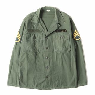 60s 米軍実物 1st 後期 コットンサテン ユーティリティ 長袖シャツ(筒袖) オリーブグリーン 詳細参照(M位) 60年代 Vintage Military Item ヴィンテージ ミリタリー トップス カジュアルシャツ 【メンズ】【中古】(シャツ)