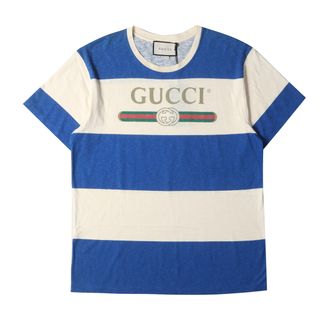 グッチ(Gucci)の新品 GUCCI グッチ Tシャツ サイズ:M 20SS ヴィンテージ ロゴ ワイドボーダー コットン リネン クルーネック 半袖Tシャツ GUCCI Logo Stripe T-Shirt 604176 XJB6V アイボリー ブルー イタリア製 トップス カットソー【メンズ】(Tシャツ/カットソー(半袖/袖なし))