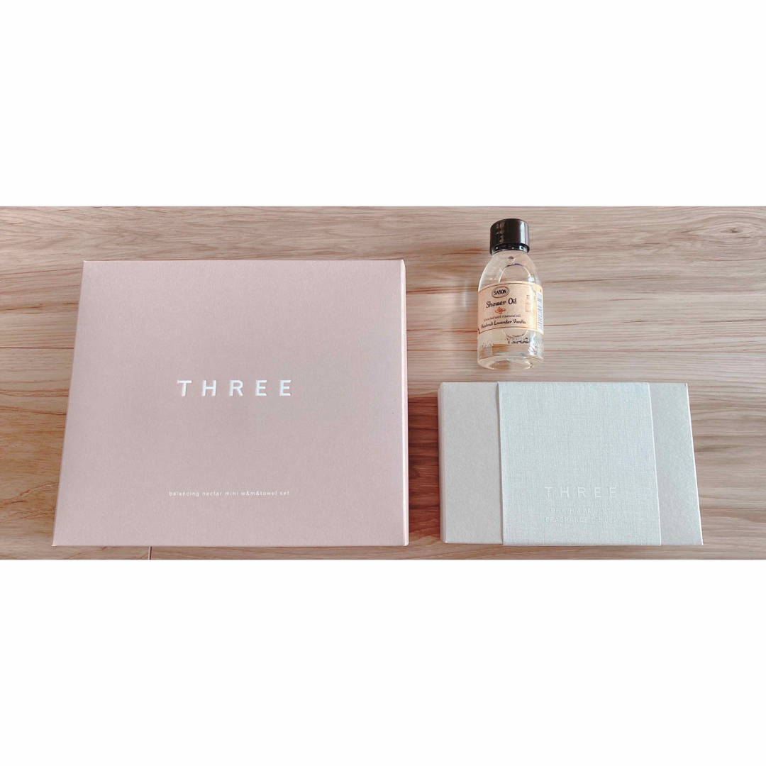 THREE(スリー)の【新品】THREE スリー　バランシングネクターミニタオルセット、SABON コスメ/美容のスキンケア/基礎化粧品(洗顔料)の商品写真