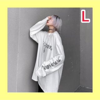 Tシャツ 白 L 長袖 バックプリント ゆったり ヒップホップ レディース(Tシャツ(長袖/七分))