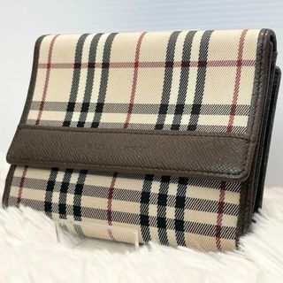 バーバリー(BURBERRY)の【美品】バーバリー 折り財布 2つ折り ノバチェック キャンバス×レザー 茶(財布)