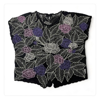 花 刺繍 フレンチスリーブ ブラック レース(Tシャツ(半袖/袖なし))