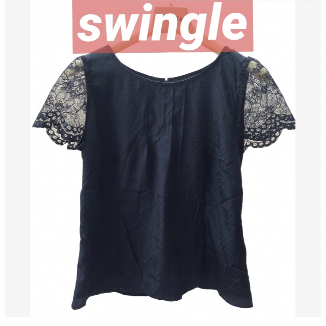 【送料無料❗️】swingle スウィングル レーススリーブドットブラウス 黒 レディースのトップス(シャツ/ブラウス(半袖/袖なし))の商品写真