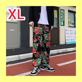 メンズ パンツ 黒 柄 ストレート XL ゆったり ユニセックス