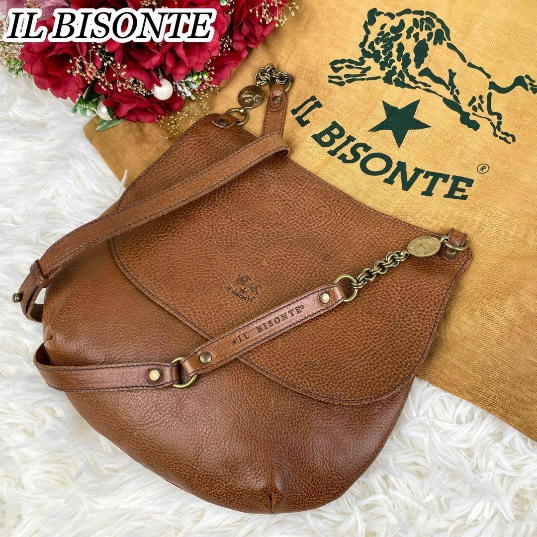 IL BISONTE(イルビゾンテ)の美品☆イルビゾンテ ハーフムーン ゴールド金具 シボ革 チェーンショルダーバッグ レディースのバッグ(ショルダーバッグ)の商品写真