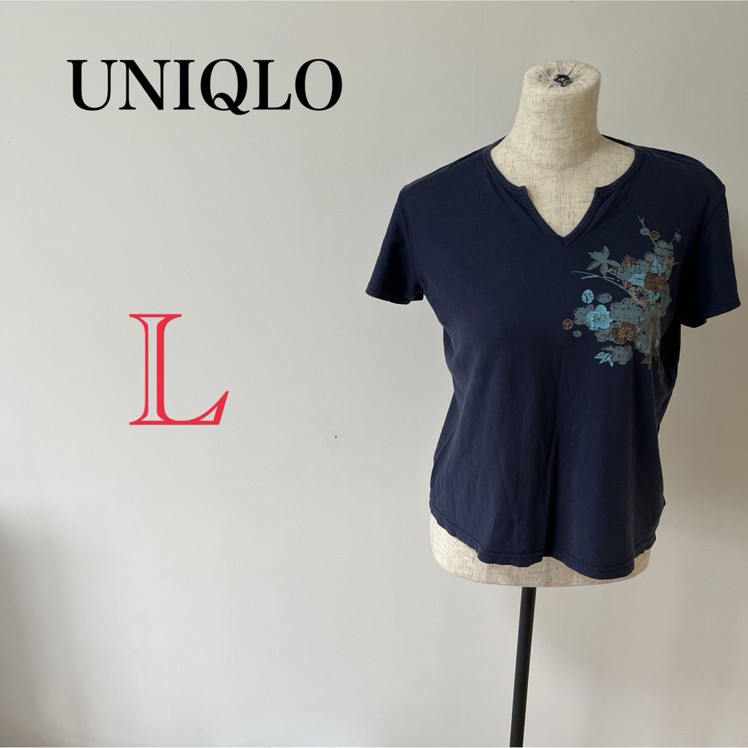 UNIQLO(ユニクロ)の【UNIQLO】レディース古着　シャツ　Tシャツ 半袖　ネイビー　Vネック レディースのトップス(Tシャツ(半袖/袖なし))の商品写真