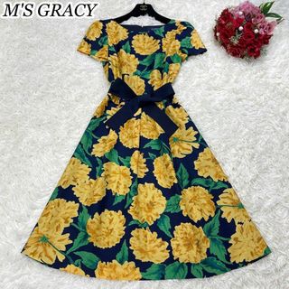 M'S GRACY - 極美品☆エムズグレイシー 花柄 ボタニカル ワンピース リボン 半袖 黄 紺 M