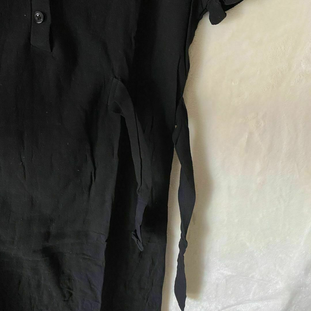 シャツワンピース ブラック XLサイズ 無地 半袖 棉麻 カジュアル ロング レディースのワンピース(ロングワンピース/マキシワンピース)の商品写真