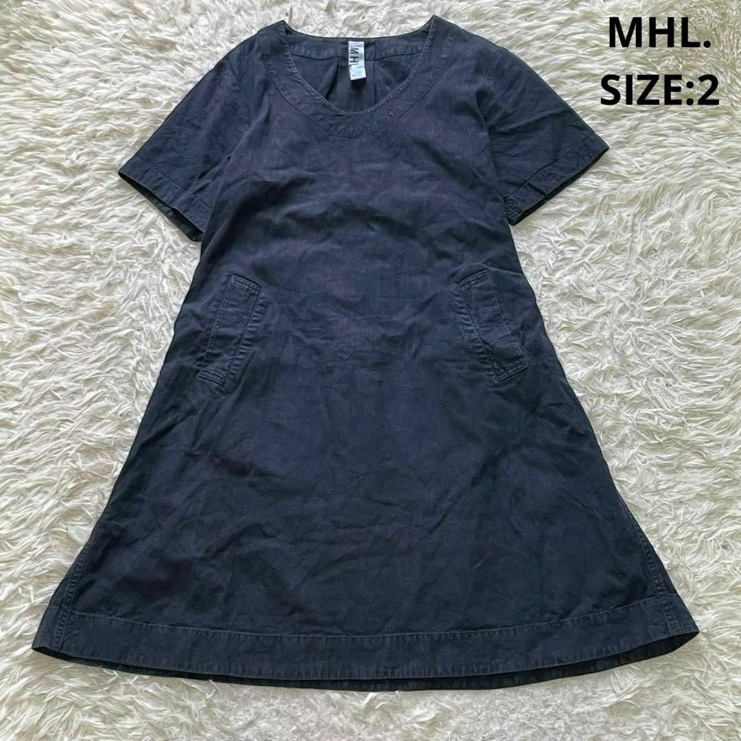 MHL.(エムエイチエル)のMHL リネンコットン デニムワンピース プルオーバー サイズ2 ネイビー レディースのワンピース(ひざ丈ワンピース)の商品写真