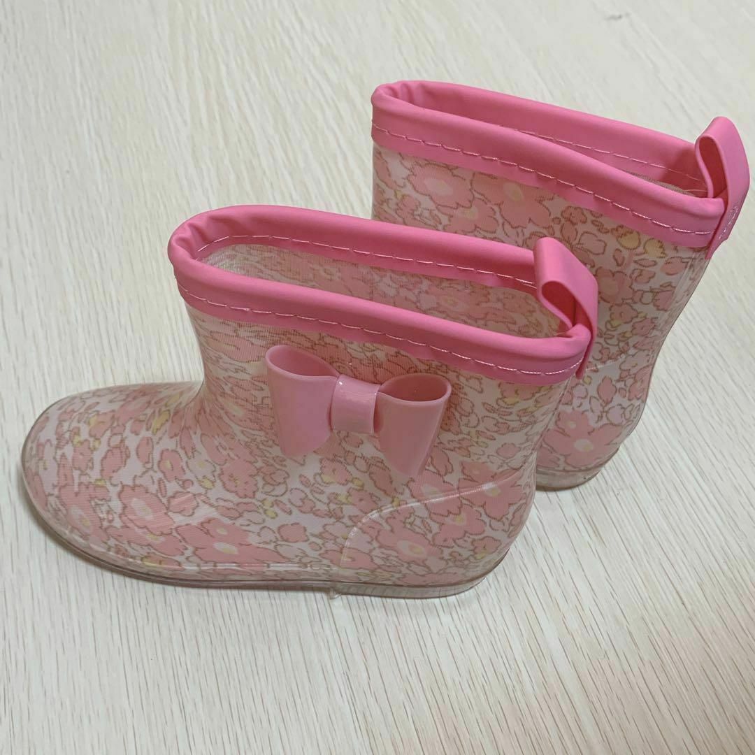 19cmレインシューズ レインブーツ 長靴 ピンク リボン 女の子 雨靴 キッズ キッズ/ベビー/マタニティのキッズ靴/シューズ(15cm~)(長靴/レインシューズ)の商品写真