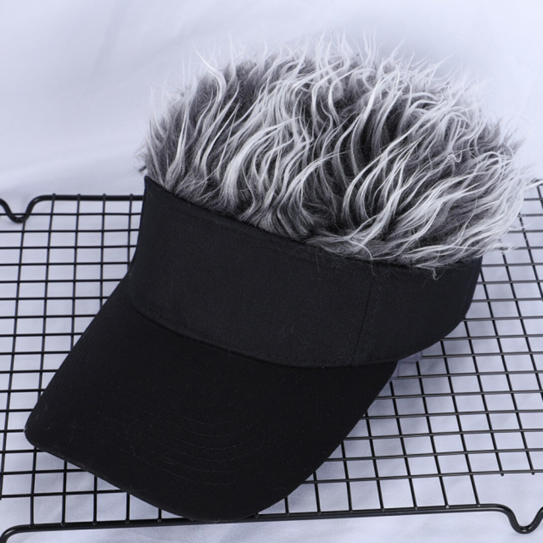 【即日発送】ウィッグ サンバイザー ブラック／シルバー ゴルフ 釣り キャンプ メンズの帽子(サンバイザー)の商品写真