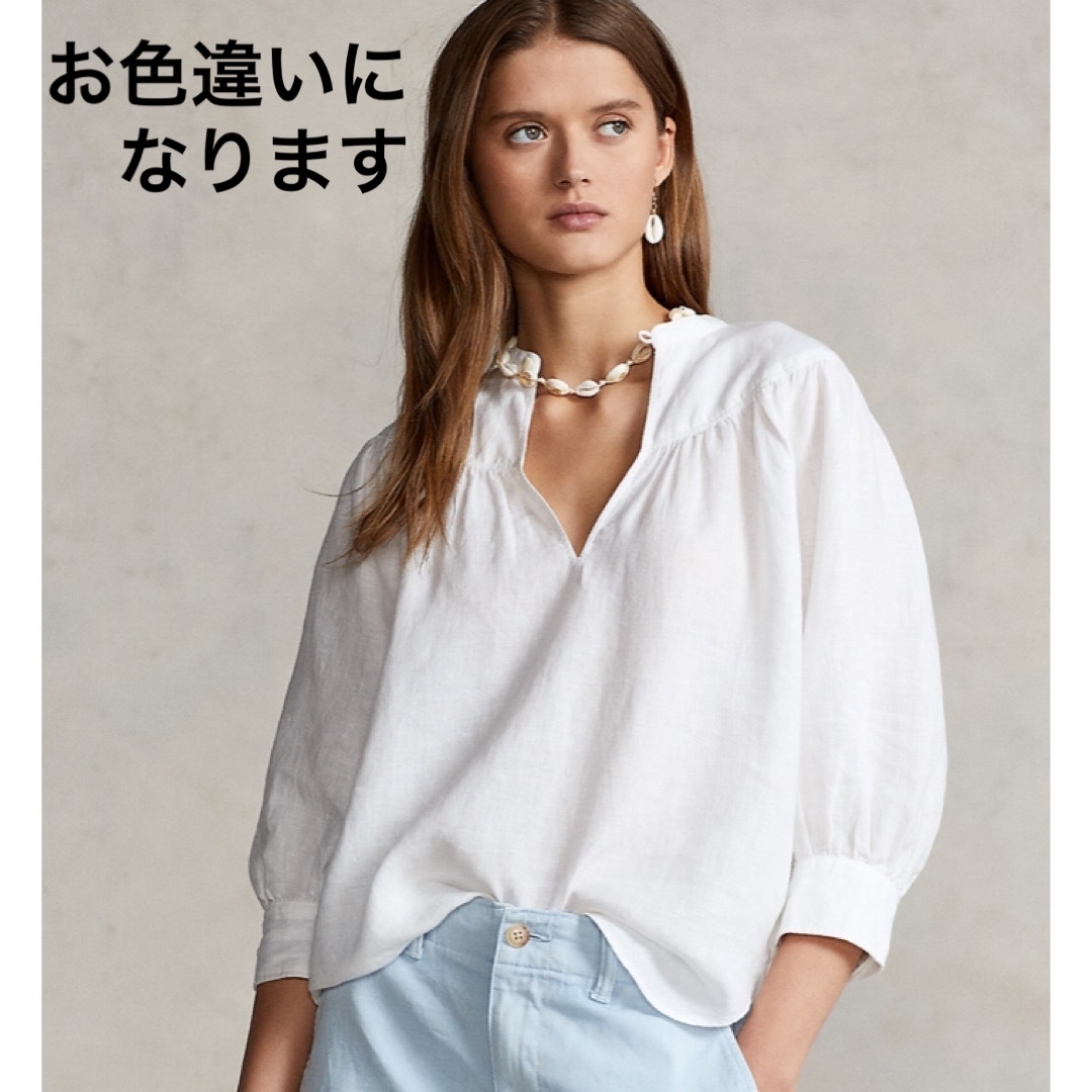 POLO RALPH LAUREN(ポロラルフローレン)の極美品　ポロ ラルフローレン　麻　リネン　バンドカラー　シャツ　ネイビー　XL レディースのトップス(シャツ/ブラウス(長袖/七分))の商品写真