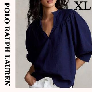 ポロラルフローレン(POLO RALPH LAUREN)の極美品　ポロ ラルフローレン　麻　リネン　バンドカラー　シャツ　ネイビー　XL(シャツ/ブラウス(長袖/七分))