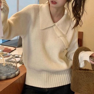 【売れてます】トップス　個性　襟付き　シンプル　韓国風　ホワイト　白　可愛い(ニット/セーター)