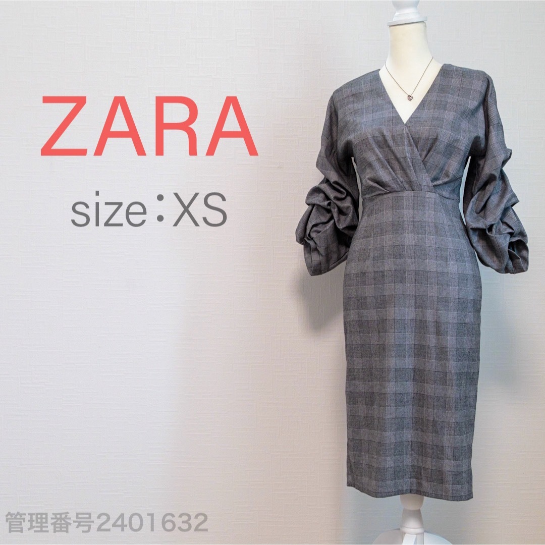 ZARA(ザラ)のZARA woman チェック柄Vネックカシュクールワンピース　グレー　xs レディースのワンピース(ひざ丈ワンピース)の商品写真