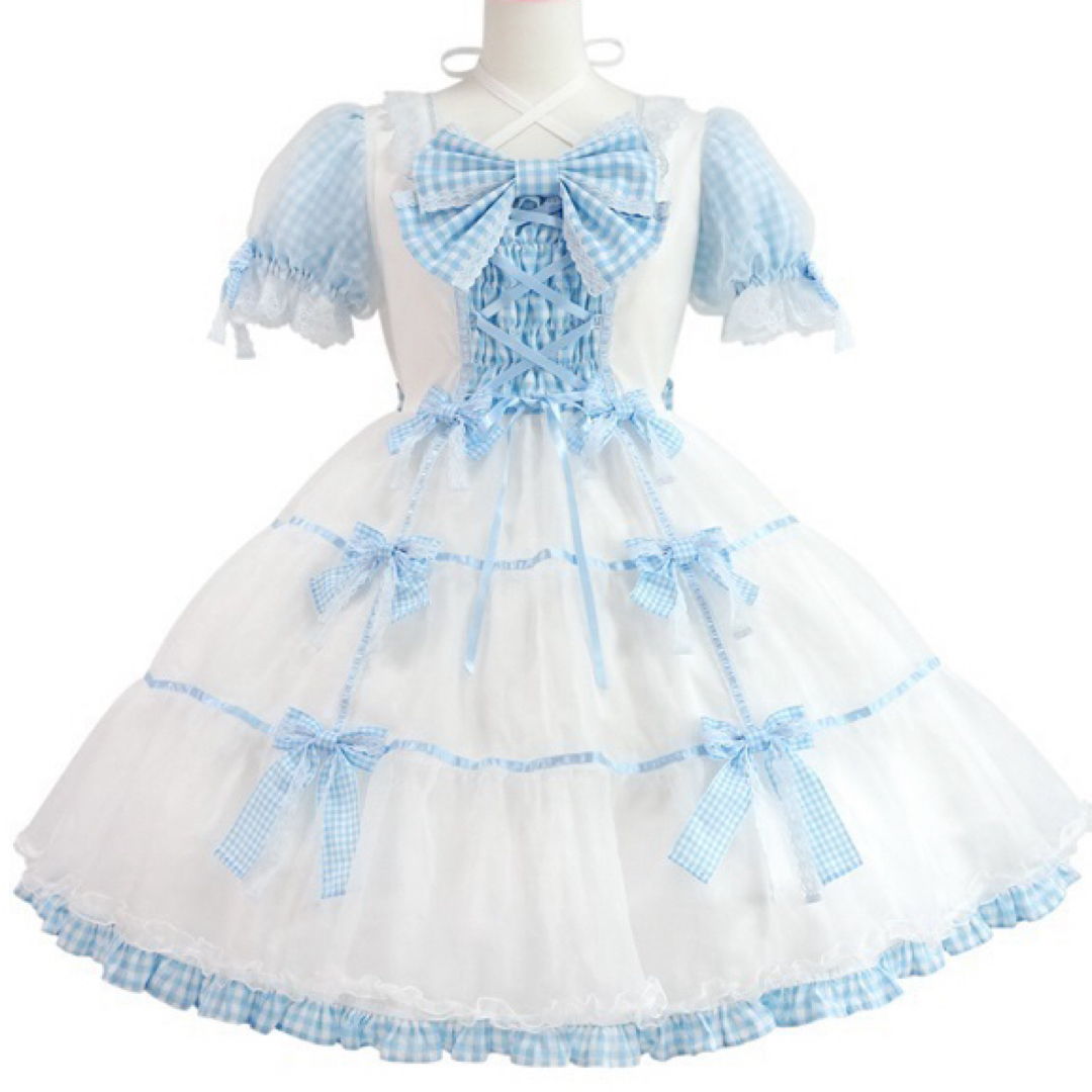 Angelic Pretty(アンジェリックプリティー)のpuffギンガム ワンピース シロ サックス Angelic Pretty レディースのワンピース(ひざ丈ワンピース)の商品写真