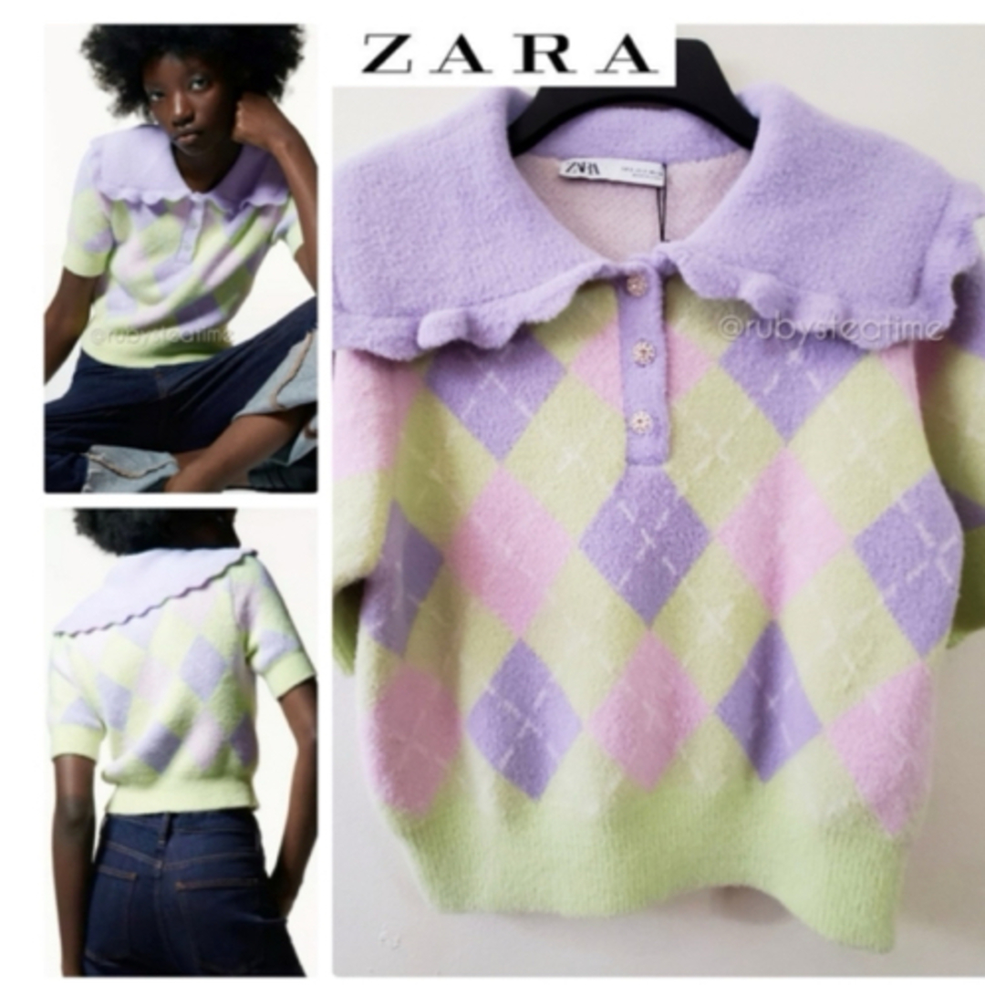 ZARA(ザラ)のZARA アーガイル柄 フリル襟付き ニットセーター M レディースのトップス(ニット/セーター)の商品写真