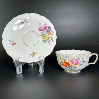 マイセン(MEISSEN)の美品 マイセン5つ花 紫マリーゴールド、ケシ ティーカップ＆ソーサー1客、1級品(食器)