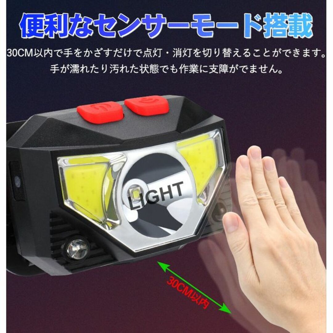 ★センサー搭載★ LED ヘッドライト USB充電 軽量 6種発光 明るさ調節 スポーツ/アウトドアのアウトドア(ライト/ランタン)の商品写真