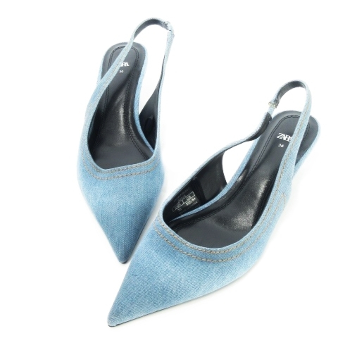 ZARA(ザラ)のザラ パンプス デニム ポインテッドトゥ ストラップ ローヒール 36 青 レディースの靴/シューズ(ハイヒール/パンプス)の商品写真