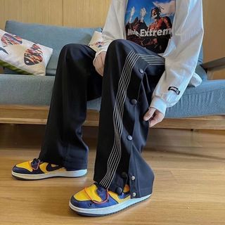 サイドボタン ライン カーゴパンツ 2XL ストリート メンズ 黒 ワイドパンツ(ワークパンツ/カーゴパンツ)