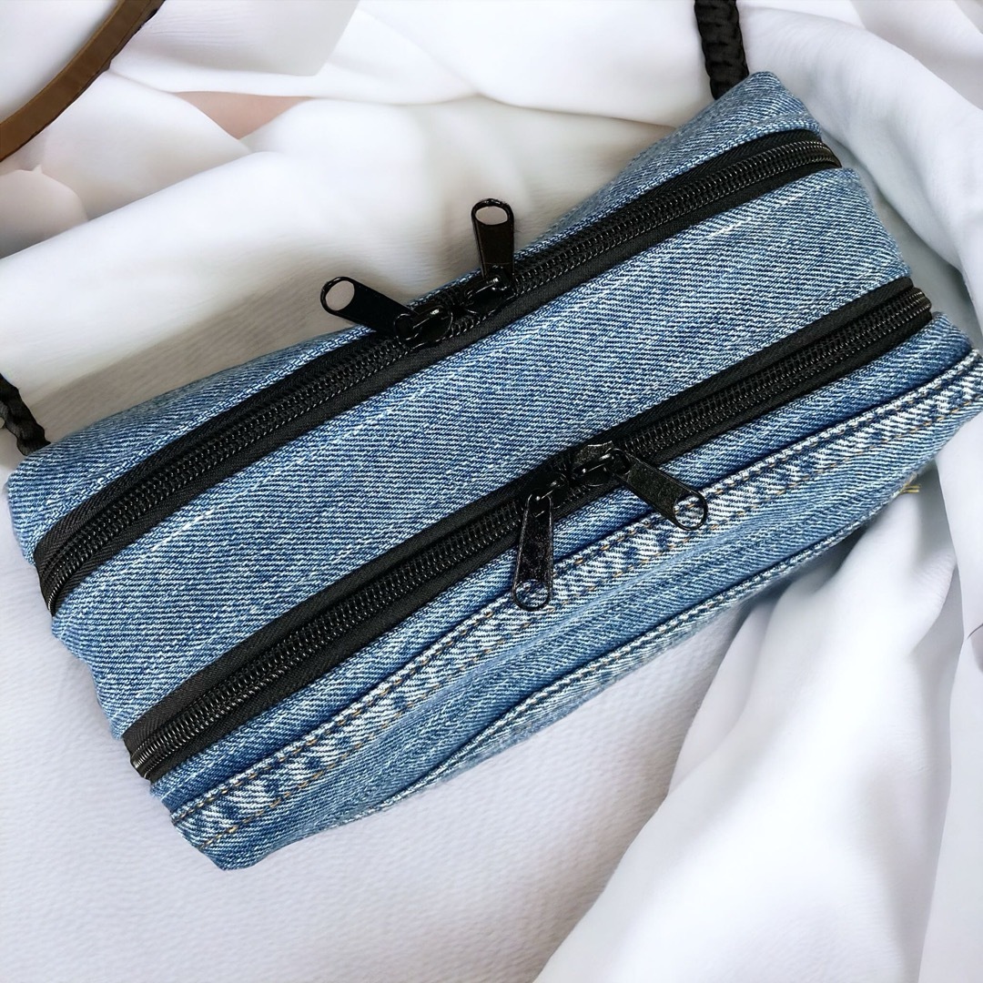 denim × brown／divider square bag ハンドメイドのファッション小物(バッグ)の商品写真