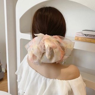 ♡大人気♡ヘアアクセサリー バレッタ  シフォン タイダイ柄 オレンジ 大きめ(バレッタ/ヘアクリップ)