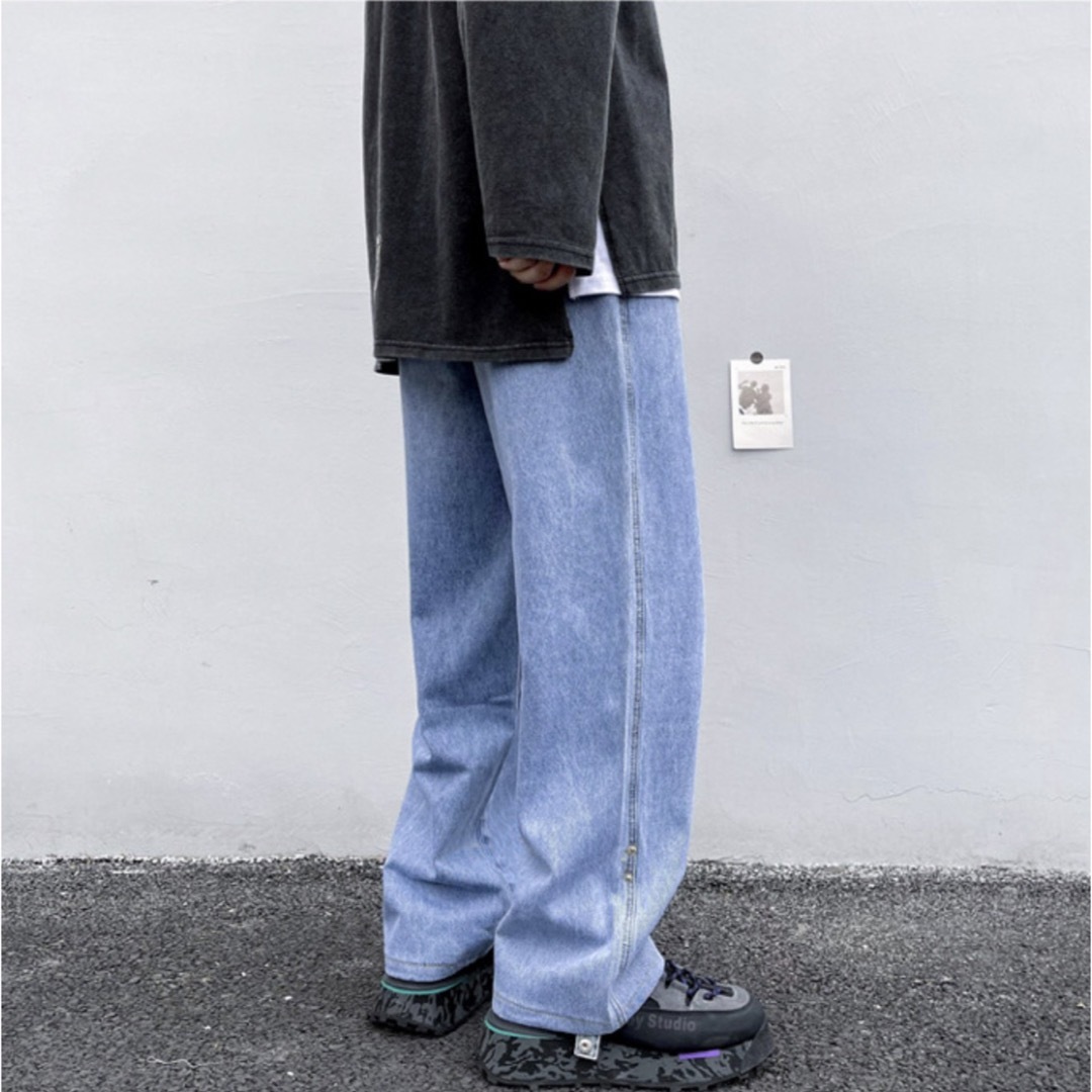 【メンズ】ストリート ワイド デニム パンツ ジーンズ ロールアップ ブルー メンズのパンツ(デニム/ジーンズ)の商品写真