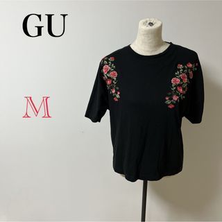 GU - 【GU】レディース　ブラック　花柄　ブラウス　シャツ　Tシャツ　トップス　半袖