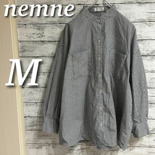 nemne 袖ボリュームストライプシャツ　バンドカラー　長袖トップス　グレー　M(シャツ/ブラウス(長袖/七分))