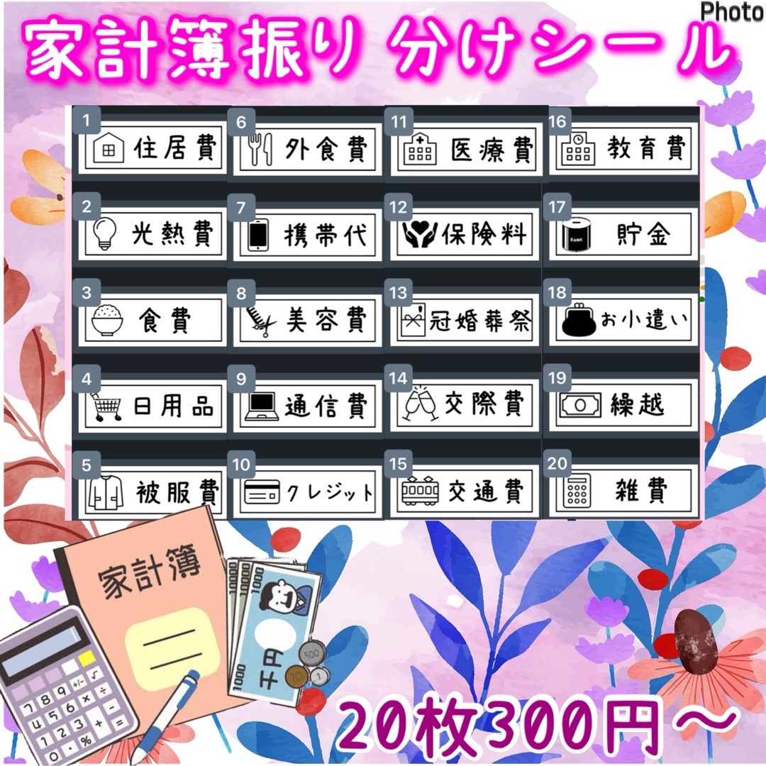 家計簿振り分け　袋分け　アイコン入りラベルシール インテリア/住まい/日用品の文房具(その他)の商品写真