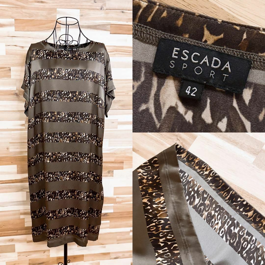 ESCADA(エスカーダ)の【エスカーダ】シルク100％ アニマル柄 レオパード ワンピース XL相当カーキ レディースのワンピース(ひざ丈ワンピース)の商品写真