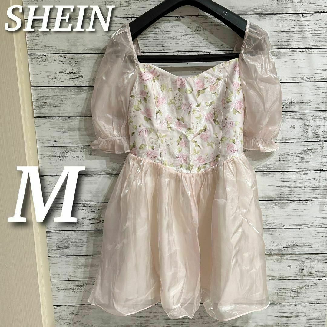 SHEIN(シーイン)のSHEIN花柄プリントスイートハートネックパフスリーブメッシュオーバーレイドレス レディースのワンピース(ひざ丈ワンピース)の商品写真