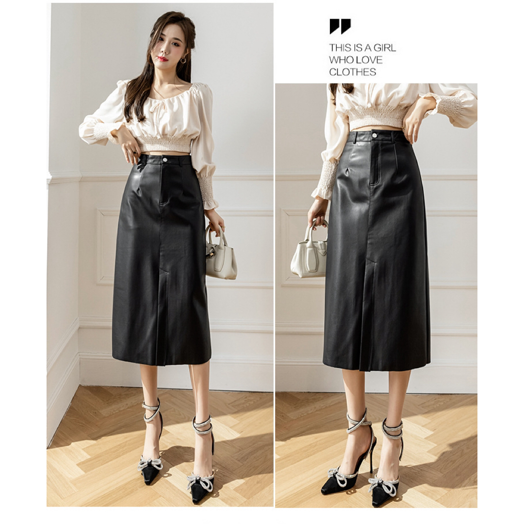 フェイクレザースカート モダンクラシック エッジ　ブラック レディースのスカート(ひざ丈スカート)の商品写真