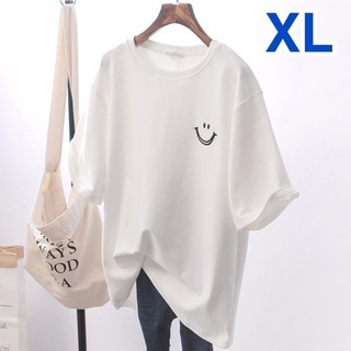 【大人気】スマイル プリント Tシャツ XL ホワイト 韓国 カジュアル 半袖(Tシャツ(半袖/袖なし))