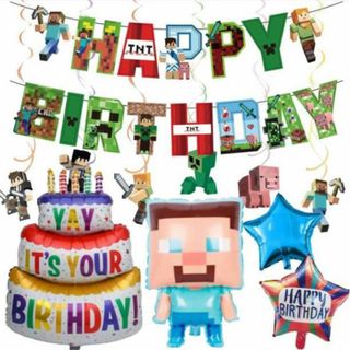 7マイクラ お誕生日 ガーランドセット バルーン 男の子人形風船 お祝いセット(その他)